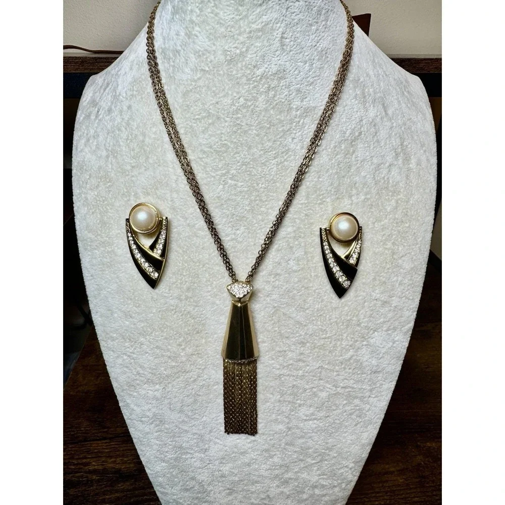 VTG Gold Tone Tassel Rhinestone Black Enamel‎ Necklace Earrings Bracelet Set 80s